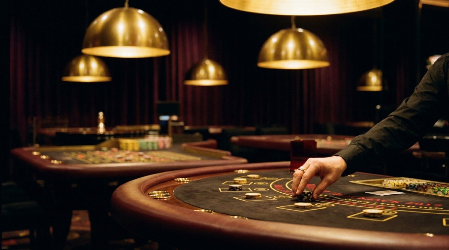 Casino interior aglow at night, cards on table beneath warm lighting