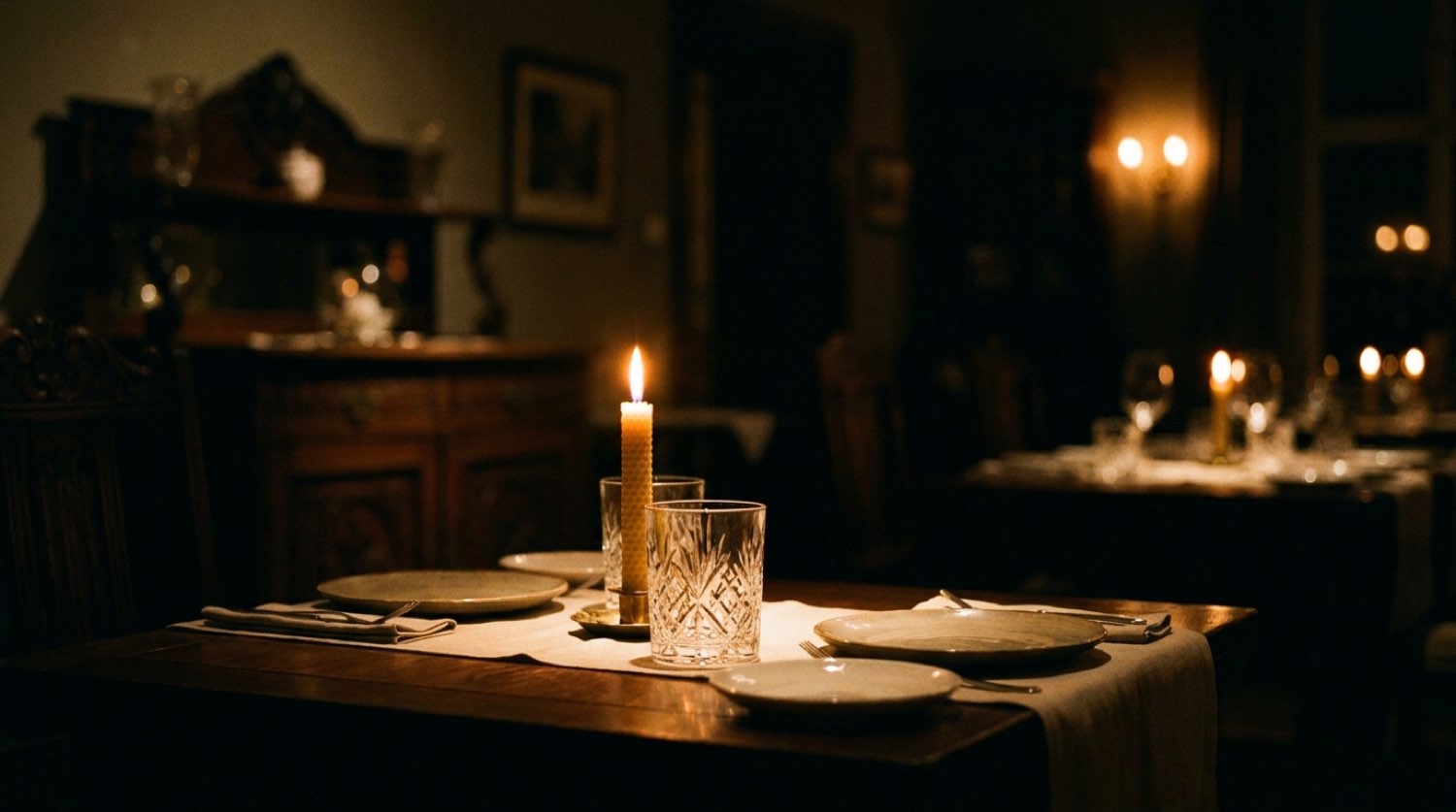 High-end restaurant aglow at night, single table lit by candle