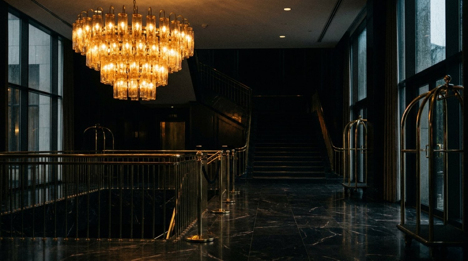 Lobby reception at dusk, warm lighting across marble, brass and velvet