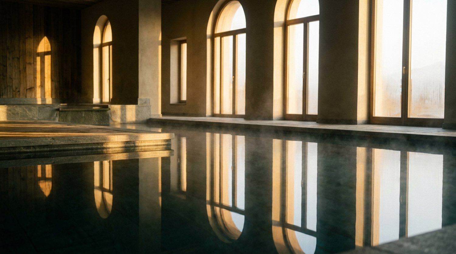 Dawn at the spa pool, mellow gold reflections